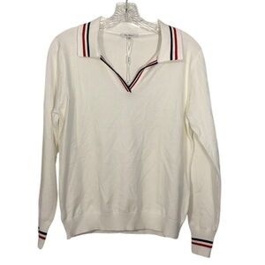 White V-Neck Sweater with Striped Trim